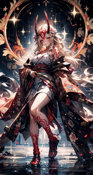 masterpiece,1girl, ibaraki_douji , smile, (fire), rope, over shoulder, weapon over shoulder, sword, holding sword, hair ornament, yellow kimono,cleavage, very long hair, japanese clothes, wide sleeves, off shoulder, floral print, beads, sash, bare legs, sharp fingernails, floating hair,