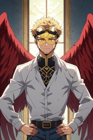 score_9, score_8_up, score_7_up, source_anime, rating_safe, , anime screencap, , official style, looking at viewer, , 1boy, solo, male focus, , keigo_takami, blonde hair, yellow eyes, short hair, facial hair, stubble, wings, feathered wings, red wings, tinted eyewear, goggles, upper body, skytree, noon, hands on hips, squinting, ,
