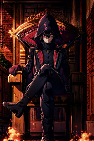 (masterpiece), high quality, highly detailed background, 1boy, solo, , ChopioKagenou, short hair, black hair, hair between eyes, hooded cloak, black coat, trench coat, black gloves, black pants, red eyes, glowing eyes, looking at viewer, indoors, throne, throne room, sitting, legs crossed, head rest, golden throne,