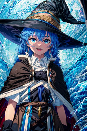 (masterpiece:1.2), highres, best quality, 8k, very clear, 1girl, smile, (witch hat:1.4), blue eyes, blue hair, twin braid, twintails, (brown coat:1.1), cape, robe, braided ponytail, knee boots, witch, black socks, hair ribbon, ribbon, looking at viewer, socks, smile, opened mouth, blue magic circle, water magic, spell, high level magic, face to camera, looking at viewer, (upper body:1.3),