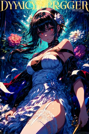 XUER Yor Forger,1girl,black hair,flower,yor briar,thighhighs,red eyes,dress,solo,breasts,hair ornament,holding,garter straps,hairband,looking at viewer,holding weapon,white dress,hair flower,black thighhighs,copyright name,bare shoulders,large breasts,sidelocks,bangs,A shot with tension,(Visual impact,giving the poster a dynamic and visually striking appearance:1.2),impactful picture,(masterpiece, best quality:1.2),offcial art,movie perspective,advertising style,magazine cover,very aesthetic,disheveled hair,very aesthetic,illustration,disheveled hair,perfect composition,moist skin,intricate details