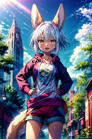 1girl, solo, furry, fluffy, brown fur, short hair, nanachi \(made in abyss\), animal ears, tail, yellow eyes, hoodie, shorts, t-shirt, hand on hip, :3, open mouth, standing, looking at viewer, outdoors, city 