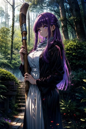 masterpiece, best quality, highres, aafern, long hair, purple hair, blunt bangs, purple eyes, large breasts, long dress, white dress, black robe, long sleeves, , standing, holding staff, forest, cowboy shot,