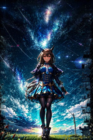 masterpiece, best quality, admire vega \(umamusume\), starry sky, night, horizon, standing, looking up, white necktie, skirt, long sleeves, white footwear, thigh strap, black pantyhose, boots, shirt, puffy sleeves, pleated skirt, buttons, corset, capelet, fingerless gloves, black gloves, mismatched footwear ,CLOUD