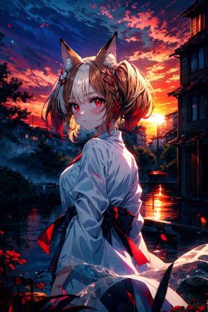 (Highest picture quality), (Master's work),(solo:1.2),backlighting,extremely delicate backgroud,white fog,animal ears ,1girl , fox ears ,bangs , red eyes , multicolored hair , twintails , animal ear fluff ,brown hair , hair ornament ,bell , dusk,sunset,building,cloudy sky,rim lighting, two tone lighting,acing viewer, 