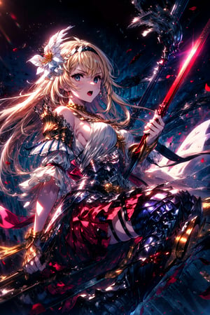 masterpiece,best quality,highres,cinematic lighting,dramatic angle,1girl, ,blonde hair,blue eyes,hair ornaments,hair ornament,hair flower,hairband,looking at viewer,dynatic angle,dual wielding,sword,costume6,sei shoujo,white armor,shoulder armor,bare shoulders,gold trimmed,black pantyhose,boots,red ribbon,thick thighs,portrait,glowing,very long hair,serious,open mouth,chestplate,Virtuous Guardian,breasts,gauntlets,spear