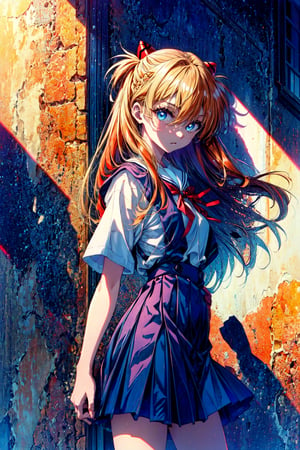 (masterpiece, 4k, 8k, ultra hires, exremely detailed, good shadow, good light, deep shadow, unreal, high resolution, ultra detailed, best quality, ultra high res, visually stunning, beautiful, award-winning art, best quality, stunningly beautiful:1.2),,(souryuu asuka langley),interface headset,suspender skirt,red ribbon,white shirt,(school uniform),socks,shoes,,1girl,orange hair,blue eyes,long hair,sunlight,detailed eyes,hair between eyes,messy hair,(cowboy_shot),