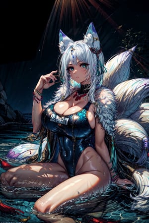 1lady,(mature female),(milf), kitsune,multiple tails,fox ears,white fox tail,aqua eyes,whisker markings, hair ribbon,blue tassel,jewelry,hair ornament, (school swimsuit:1.38), highres,official art,original,masterpiece,best quality, (huge breasts:1.08), face lighting,cinematic lighting,caustics,