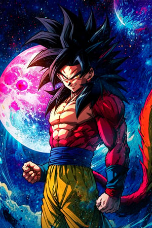 ((masterpiece,best quality)), , Super_Saiyan_4_Goku, 1boy, male focus, detailed handsome face, super saiyan, tail, wristband, pants, red fur, black hair, solo, smiling, looking at viewer, cowboy shot, giant moon, starry sky,