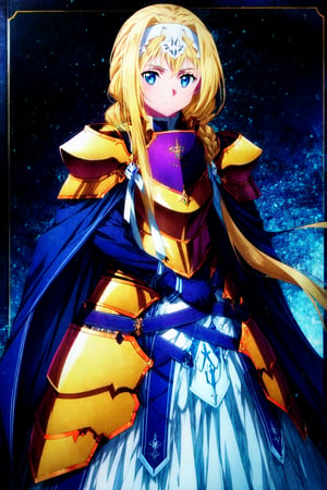 masterpiece, best quality, AliceZuberg, 1girl, solo, long hair, looking at viewer, blue eyes, night, blonde hair, very long hair, closed mouth, standing, hair ribbon, sidelocks, blue dress, shoulder armor, white ribbon, pauldrons, white hairband, breastplate, armored dress, blue cape, knight, gold armor, (pov:1.2)