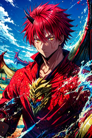 masterpiece, best quality, , 1boy, solo, male focus, looking at viewer, , , , benimaru_tensei_shitara, red hair, yellow eyes, luau costume, The Dragon's Lair: A deadly place where fearsome dragons dwell,