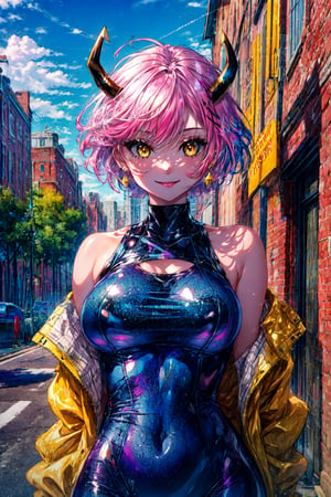 (best quality:1.2), 1girl, (masterpiece:1.2), raytracing, cute face, perfect face, ultra detailed,detailed face, 8k wallpaper, wide hips, , AshidoMina_NDV, 1girl, yellow eyes, pink hair, large breasts, horns, pink skin, black sclera, short hair,blue bodysuit, jacket, , outdoor, smile, bare shoulders, full bodysuit