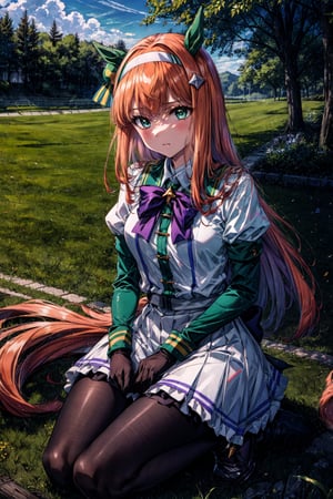 masterpiece,realistic, ,1girl,silence suzuka (umamusume),silence suzuka(Racing),horse girl,horse ears,horse tail,orange hair,green eyes,long hair,ear covers,hairband,black gloves,black bowtie,layered sleeves,purple pantyhose,asymmetrical footwear,solo,on grass, outdoors,