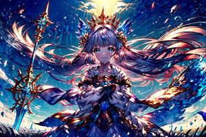 masterpiece,best quality,detailed, , solo, 1girl, field of deapth, lily_\(granblue_fantasy\), granblue fantasy, elf, shilver hair, very long hair, hair ornament, blue eyes, small breasts, collarbone, streched arms, white dress, smile, looking at viewer, winter, holding staff, dynamic perspective,