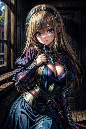 jeannedarc, , jeanne darc, blonde hair, blue eyes, long hair, BREAK armor, armored dress, chain, collar, dress, faulds, gauntlets, headpiece, metal collar, plackart, blue dress, BREAK looking at viewer, BREAK oudoors, BREAK , (masterpiece:1.2), best quality, high resolution, unity 8k wallpaper, (illustration:0.8), (beautiful detailed eyes:1.6), extremely detailed face, perfect lighting, extremely detailed CG, (perfect hands, perfect anatomy),