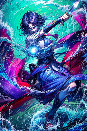 ShikiCasualCloth, SrAssassin, 1girl, solo, holding knife, night, splashing, water, glowing eyes, multicolor eyes,yushui,Circle