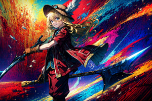 masterpiece, best quality, highres, 1girl very long hair blonde hair curly hair, red jacket helmet whistle short sleeves brown gloves red pants hat feather boots  from side, looking at viewer, smile, floating hair, holding pickaxe