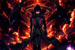 (masterpiece,best quality, high resolution:1.2),dark dynamic lighting, , ChopioKagenou walking towards, menacing, centered, short hair, black hair, hair between eyes, hooded cloak, black coat, trench coat, black gloves, black pants, red eyes, glowing eyes, evil grin, parted lips, open mouth, detailed face, (solo:1.2),EpicSky