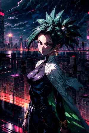 1girl, solo, masterpiece, best quality, Kefla, (black hair), black eyes, toned, green earrings, black bodysuit, hero costume, white cape, smug, looking at viewer, city, night, standing on edge of rooftop, urban