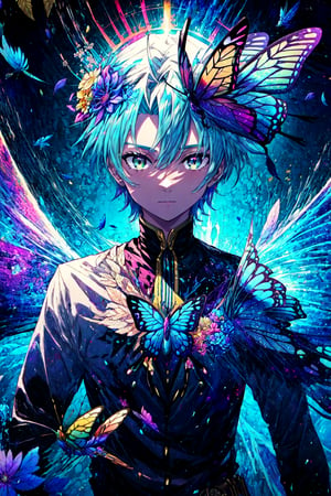 1 boy ,A pixel 90s character with humming birds, extremely detailed, fractal art, colorful,flowers, highest detailed, (dynamic pose), (abstract background), (many colors),feathers,butterfly,gears and clocks for its brain and the background is futuristic,(upper body,) ,rudeus_greyrat