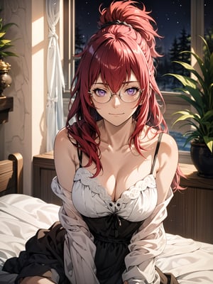 best quality, (masterpiece:1.2), detailed, medieval, fantasy,,1girl, solo, closed mouth, slight smile,short ponytail, long hair, red hair, purple eyes, glasses,collarbone, cleavage, black nightgown, short sleevessitting, on bed, looking at the viewer,indoors, night, forest