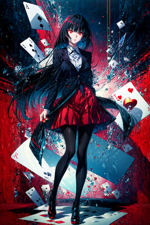 Yumeko Jabami,playing card,(full body:1.1), nail polish, red nails,red eyes,black pantyhose