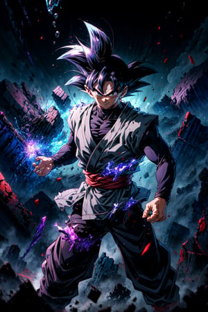 ((masterpiece, best quality)),(complex light),absurdres, highres, 1boy,solo,fighting stance, goku black,black hair,black eyes,blue fire destroyed debris background,smirk,