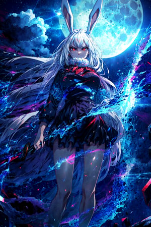 1girl,CarrotSulong,sulong,bunny hears,white hair,long hair,red eyes,(glowing eyes),serious expression, angry eyes,(from below),standing,night,starry sky,moon light,electric effect around body,fit,masterpiece,extremely detailed CG unity 8k wallpaper, best quality,32k,focus sharp,