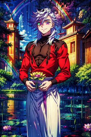 best quality,PIXIV, Douma, 0.8, (rainbow eyes::1.5), fire,1man standing in front of a lotus garden, long blond silver hair, smiling, cow-boy shot, sky red,lotus garden,