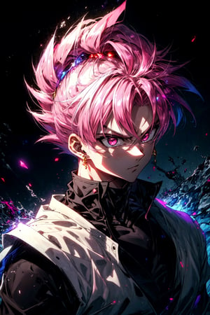 Best_QualityPos, RAW photo, intricate details, best quality, 8k uhd, soft lighting, 1boy, solo, spiked hair, pink hair, pink eyes, super saiyan, single earring, dougi