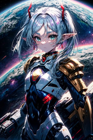 masterpiece,best quality,1girl,aafrie,[green eyes|blue eyes],long hair,white hair,twintails,pointy ears,thick eyebrows,flat chest,(chest armor),mecha musume,white theme,bodysuit,fortified suit,mechanical parts,robot joints,headgear,full armor,expressionless,looking at viewer,action pose,outer space,science fiction,,,,