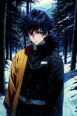 tomioka giyuu, demon slayer, 1boy, solo, upper body, winter, snow, forest, tree, nature, snowing, long hair, looking at viewer, blue eyes, black hair, long sleeves, standing, jacket, male focus, outdoors, japanese clothes, belt, black jacket, black pants, haori, white belt, demon slayer uniform