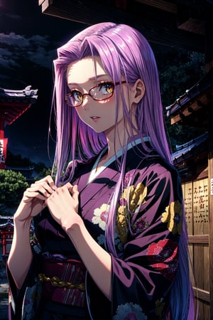 (masterpiece:1.4), (best quality:1.4), 1girl, , medusa (rider) (fate),long hair, medusa (fate), purple hair, solo, yellow eyes,large breasts, very long hair, (yukata 1.3), glasses, night, (confused), ((hands out of frame)), japanese temple,fate/stay background