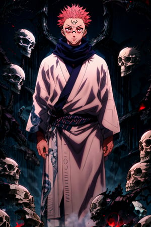 masterpiece,high quality,solo, , RyomenSukuna,1man, blue scarf,japanese clothes,white kimono,wide sleeves,long sleeves, obi, tabi,zouri, hell,shadow,shadowed face,skull,animal skull,red background,