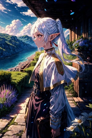 masterpiece,best quality,1girl,frieren,long hair,pointy ears,twintails,parted bangs,elf,jewelry,earrings,capelet,white capelet,long sleeves,dress,belt,flower,expressionless,standing,looking afar,cliff,wind,from side,cowboy shot