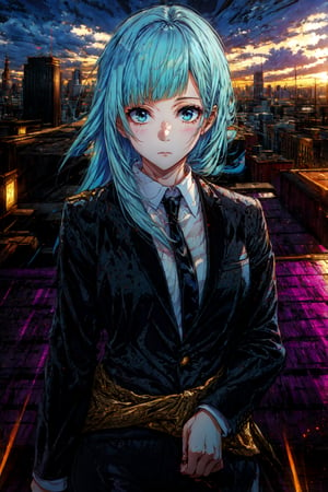 (masterpiece, best quality, hires, high resolution:1.2), extremely detailed, realistic, 1girl, miwaKasumi, light blue hair, long hair, blunt bangs, bsuit, black jacket, black tie, white shirt, black pants, sunset over city, rooftop, cinematic lighting, waist level shot, upper body, close-up, looking at viewer