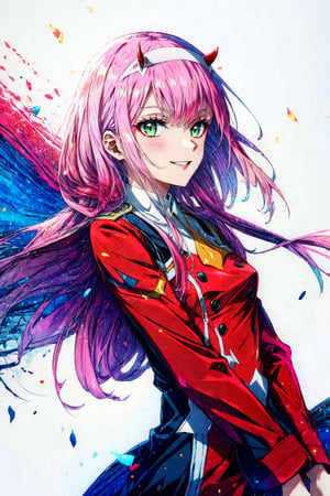 zero two \(darling in the franxx\), darling in the franxx, 1girl, ascot, bangs, blue background, green eyes, hairband, horns, long hair, long sleeves, looking at viewer, red jacket, closed jacket, military uniform, oni horns, orange ascot, pink hair, red horns, simple background, smile, solo, standing, uniform, white hairband, ((masterpiece)),