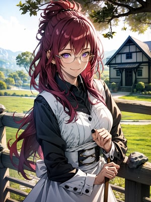 best quality, (masterpiece:1.2), detailed,,1girl, solo, closed mouth, smile,ponytail, long hair, red hair, purple eyes, glasses,maid headdress, maid, long sleeves, collared shirt, black shirt, maid apronstanding, looking at the viewer, upper body,outdoors, tree, rock, wooden fence, house
