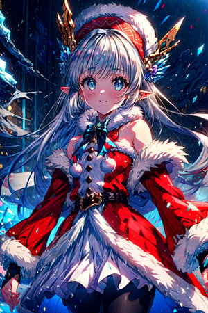 masterpiece,best quality,highres,cinematic lighting,dramatic angle,1girl,silver hair,hime cut,blue eyes,pointy ears,hair ornament,red dress,fur trim,thick coat,bare shoulders,elbow fingerless gloves,white pantyhose,layered dress,,happy,looking at viewer,cowboy shot,LilyChristmas,hat,