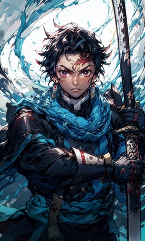 masterpiece, best quality, high quality, 1boy, solo, male focus, looking at viewer, upper body, , kamado_tanjirou, 

1male, 16k, hd, detailed, futuristic, masterpiece,katana,samurai, detailed face, complex_background,no_humans, detailed face, beautiful detailed eyes), High contrast, (best illumination, an extremely delicate and beautiful),dynamic pose, warzone,((holding dark sword with two hands, katana))