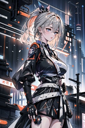 Realistic, (masterpiece 1.2), (ultra Max high quality 1.2), (high_resolution 4k), (high detailed face), high-res CG textures., big_boobs, A samurai-inspired warrior with a holographic katana, standing in front of a massive futuristic cityscape with floating islands and flying vehicles.,realistic style, 8k,exposure blend, medium shot, bokeh, (hdr:1.4), high contrast, (cinematic, dark orange and white film), (muted colors, dim colors, soothing tones:1.3), low saturation, (hyperdetailed:1.2), (noir:0.4),1 girl,haruno sakura,SilverWolfMx