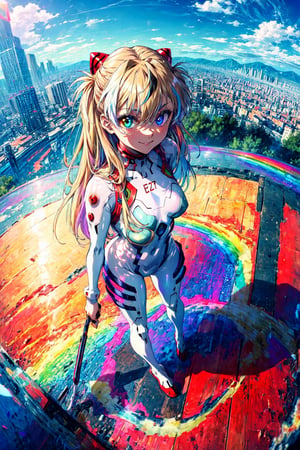 (masterpiece, best quality, detailed), 1girl, solo, from above, evil smile, full body, legs apart,  fisheye, outdoors, souryuu asuka langley, interface headset, heterochromia, rainbow order, white bodysuit