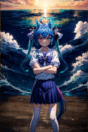 simple Background, Drop Shadow, Full Body, AATwin, Little Girl, Petite, Flat Chest, Heterochromia, @_@, V-Shaped Eyebrows, Grin, Closed Mouth, Sharp Teeth, Aqua Hair, Twintails, Crossed Bangs, Ahoge, Hair Ribbon, Hores Eares, Horse Tail, Sailor Collar, Bowtie, Tracen School Uniform, School Shirt, Puffy Short Sleeves, Pleated Skirt, White Thighhighs, Loafers, Standing, Legs Apart, Crossed Arms, Looking At Viewer, Best Quality, Amazing Details, Brilliant Colorful Paintings,CLOUD