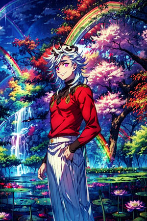 best quality,PIXIV, Douma, 0.8, (rainbow eyes::1.5), fire,1man standing in front of a lotus garden, long blond silver hair, smiling, cow-boy shot, sky red,lotus garden,