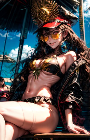 masterpiece,best quality,1girl,Berserker2,Nobu's Bikini,sunglasses,smirk,lying,beach chairs,beach,ocean,sunlight,,