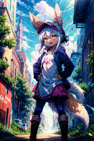 1girl, solo, furry, fluffy, brown fur, short hair, nanachi \(made in abyss\), long hair, animal ears, tail, yellow eyes, hoodie, boots, baseball cap, hand on hip, :3, open mouth, standing, looking at viewer, outdoors, city 
