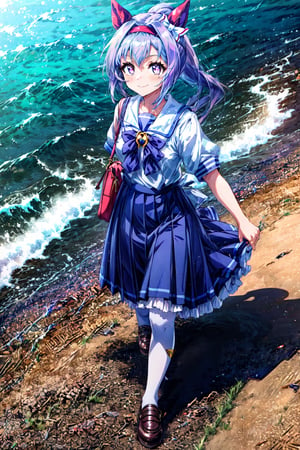 masterpiece, best quality, haru urara \(umamusume\), symbol in eye, symbol-shaped pupils, full body, walking, smile, outstretched arms, ponytail, ear covers, hair bow, long hair, red headband, tracen school uniform, summer uniform, serafuku, puffy short sleeves, purple bowtie, horseshoe ornament, sailor collar, sailor shirt, purple shirt, white skirt, pleated skirt, frilled skirt, miniskirt, zettai ryouiki, white thighhighs, brown footwear, loafers,