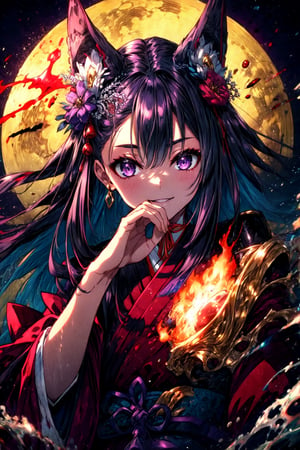 masterpiece,best quality,highres,cinematic lighting,dramatic angle,,1girl,animal ears,hair ornament,purple eyes,black hair,long hair,smile,parted lips,looking at viewer,japanese clothes,obi,wide sleeves,burning village,blood,hand on own cheek,red topwear,purple skirt,portrait,from below,moon,close-up