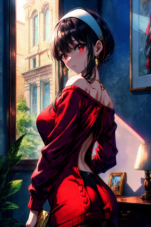 masterpiece, best quality, highres, bbyorf, short hair with long locks, white hairband, red eyes, gold earrings, large breasts, jewelry, off shoulder, red sweater, sweater dress, long sleeves, black pantyhose, , indoors, back focus, back cutout, butt crack, looking at viewer,