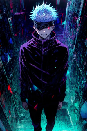 full body, focus straight_shota, Gojo Satoru, black jacket, blindfolded, Jujutsu kaisen, mix of fantasy and realism, special effects, fantasy, ultra hd, hdr, 4k, realhands, neutral smile face, perfect,red eyes,red eyes,gojou satoru,blue eyes,4rmorbre4k